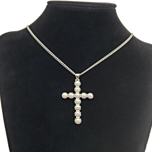 Solid Sterling Silver Womens Pearl Cross Pendant Necklace New Christian Jewelry - Picture 2 of 7